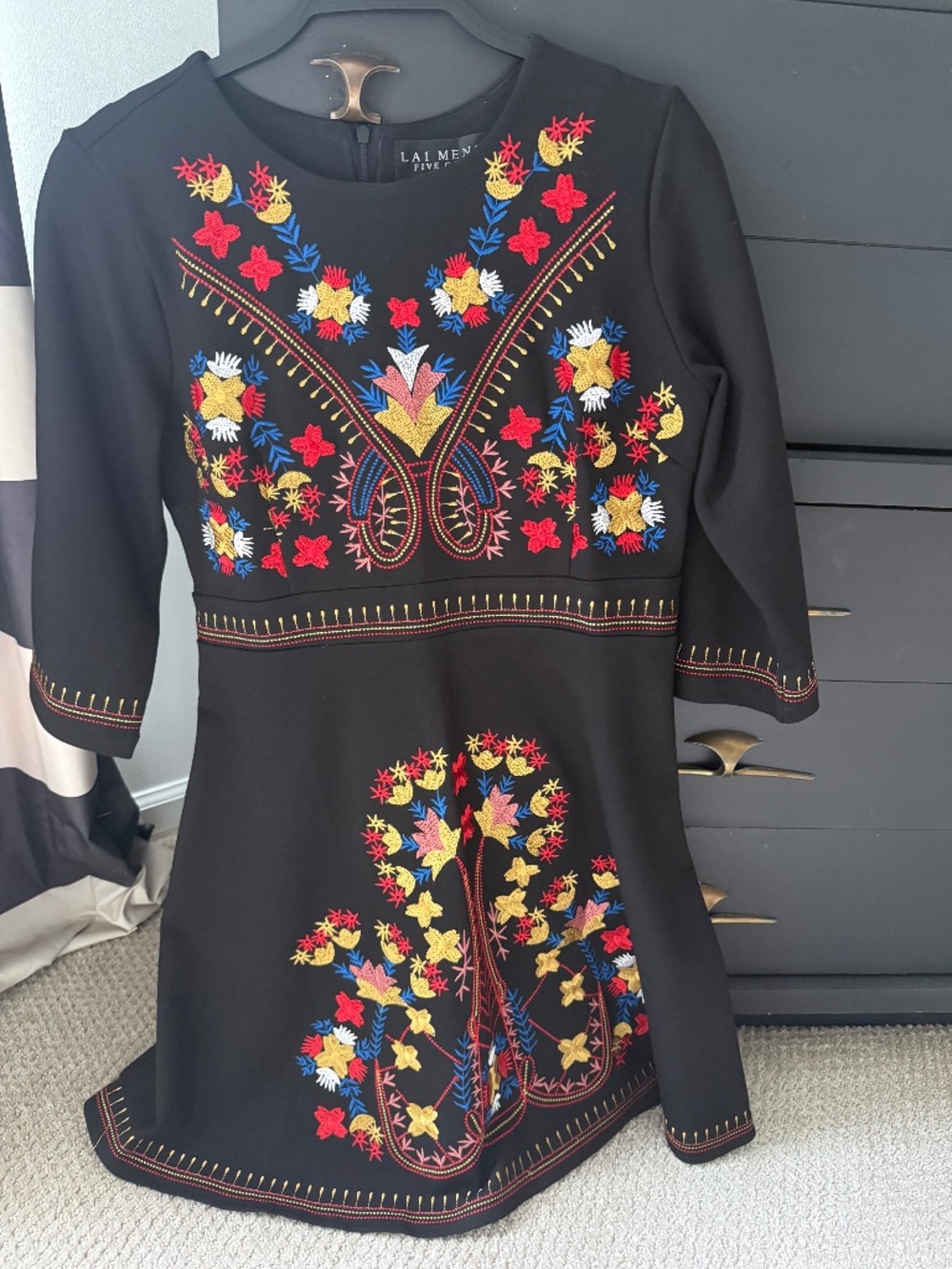 Lai Meng Five Cats Black Embroidered Floral Dress Size L